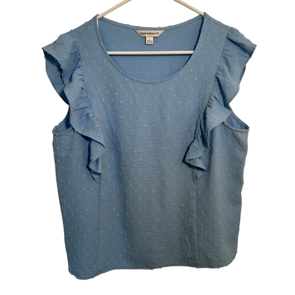 Counterparts Women's Size Large Blouse Swiss Dot Light Blue Ruffle Scoop Neck